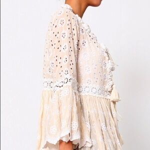 NJ Couture- Ivory Metallic Eyelet Lace Bohemian Beaded Quarter Sleeve Top